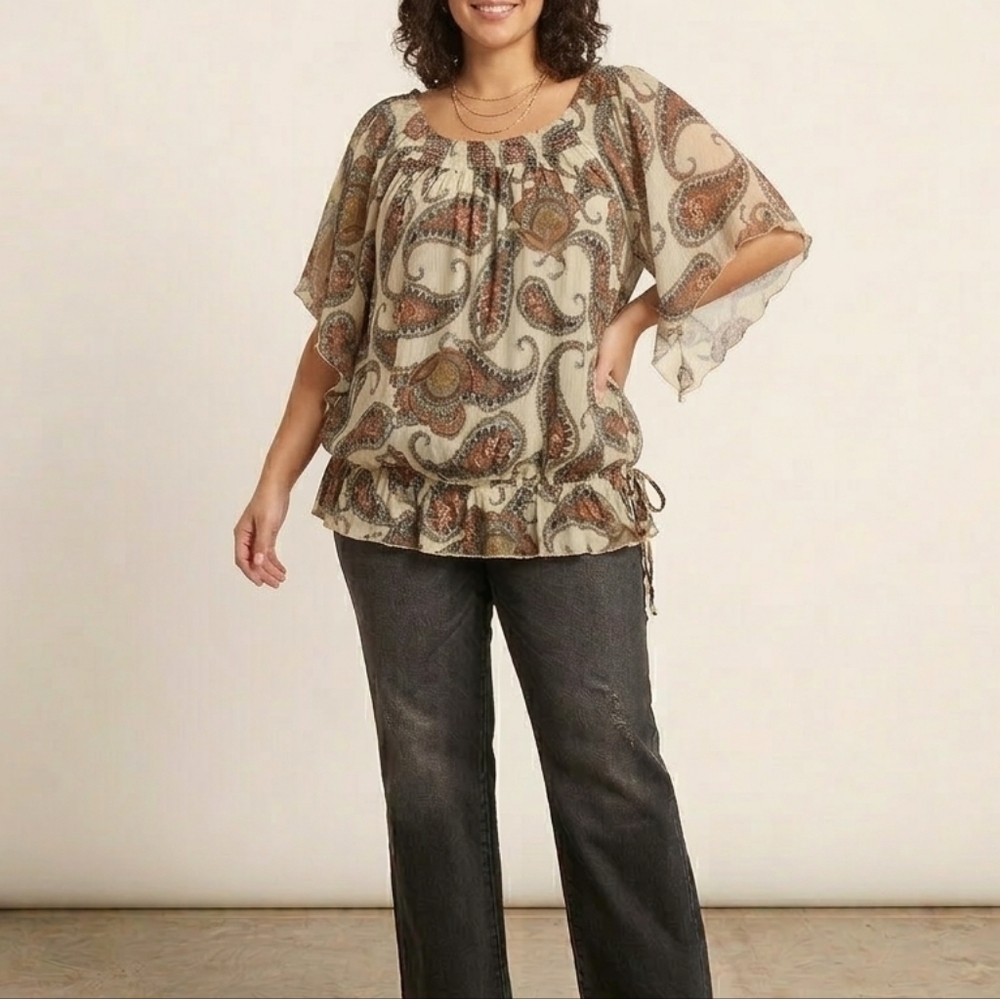 ​Allen B. Paisley Flutter Sleeve Blouse Sheer Boho Smocked Waist Top Medium